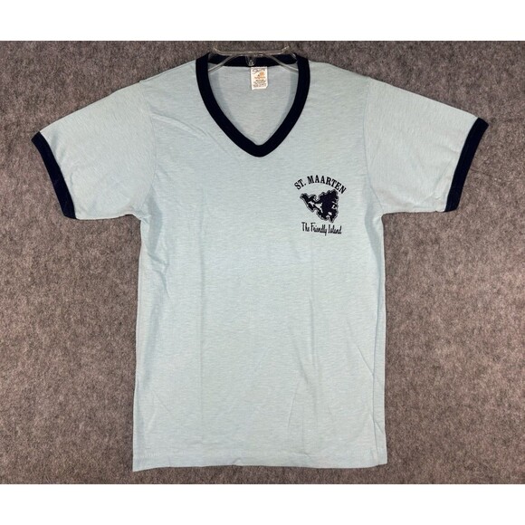 Vintage ST MAARTEN T-Shirt Medium Blue Ringer Retro 80s Single Stitch Black - Picture 1 of 6